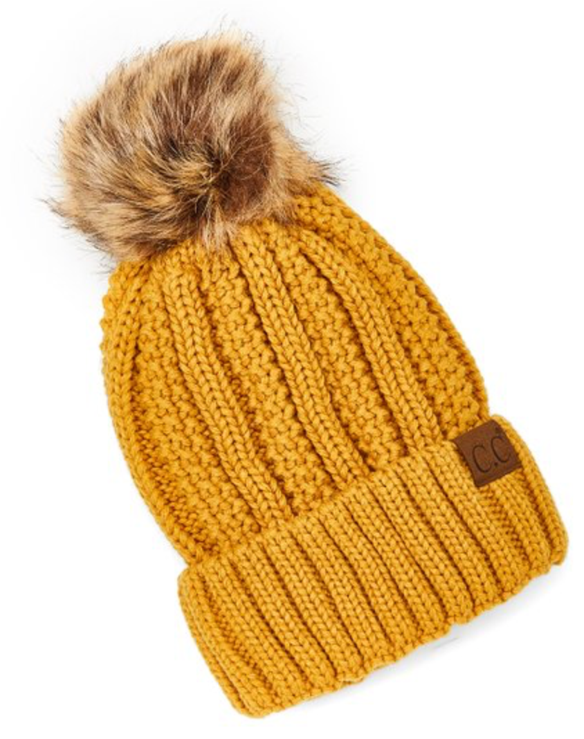 CC Beanie Lined Fur Pom-Mustard