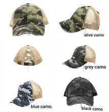 Load image into Gallery viewer, Distressed CC Criss Cross High Pony Tail Cap-MULTIPLE COLORS
